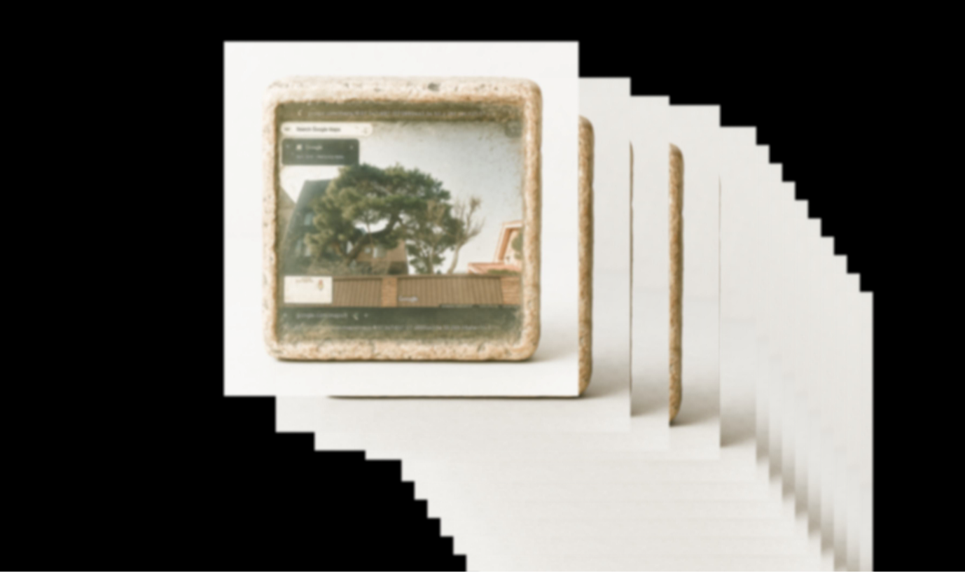 A digitally altered image featuring a stack of rectangular objects with a cork-like frame and an embedded screen showing a Google Street View scene of a residential neighborhood with a large tree and a house. The objects are arranged in a staggered, overlapping formation on a white surface, set against a black background.